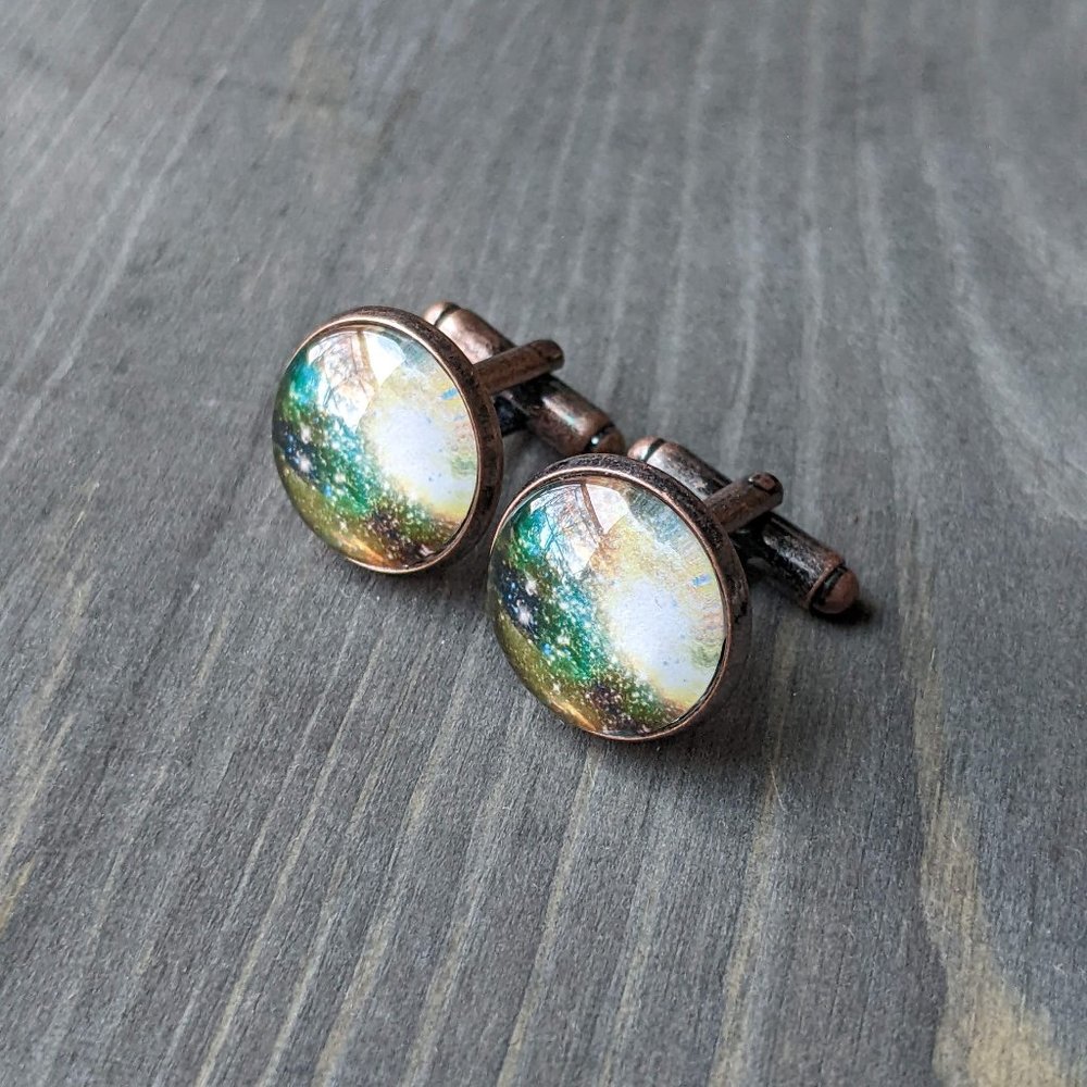 Glass Dome Cuff Links with Cosmic Nebulae in Green, Copper, & Yellow